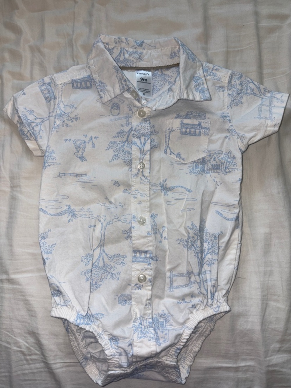 Carter's White Short-Sleeve Button Onesie with Light Blue Print